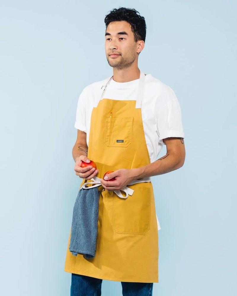 Caldo Daily Cotton Kitchen Apron for Cooking- Mens and Womens Professional Chef or Server Bib Apron - Adjustable Straps with Pockets and Towel Loop (Mustard) - Image 2